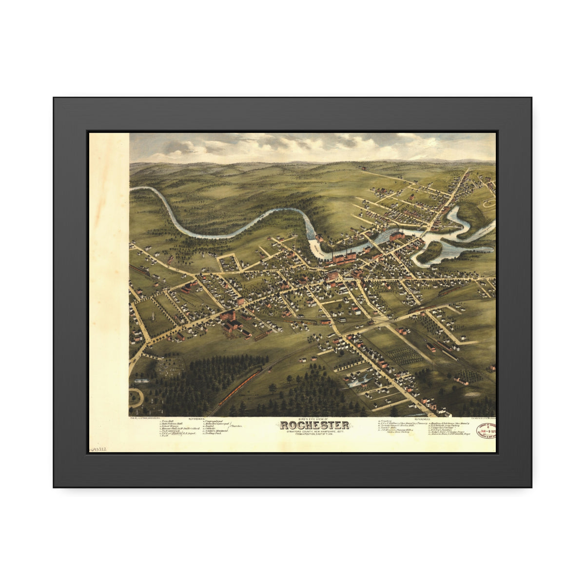 Rochester, New Hampshire 1877 — Framed Bird's-Eye View Map