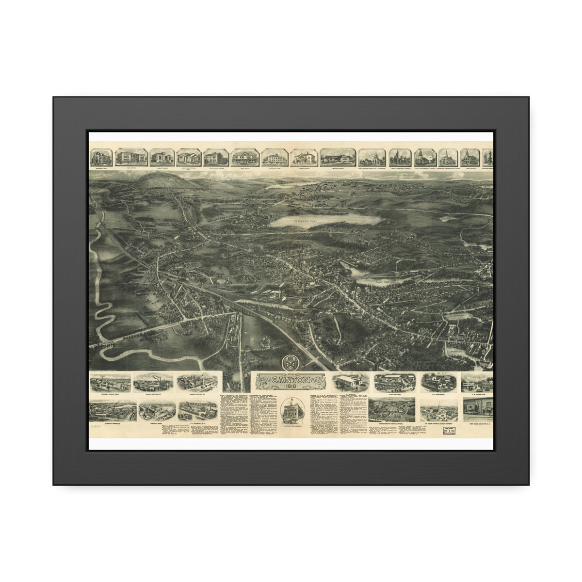 Canton, Massachusetts 1918 — Framed Bird's-Eye View Map