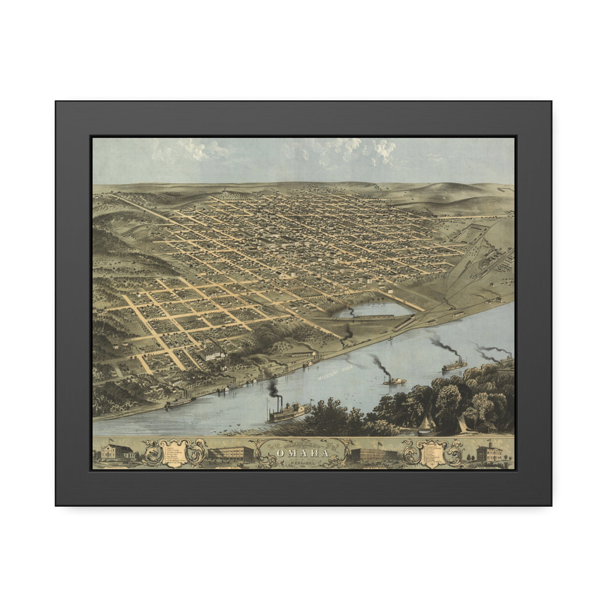 Omaha, Nebraska 1868 — Framed Bird's-Eye View Map