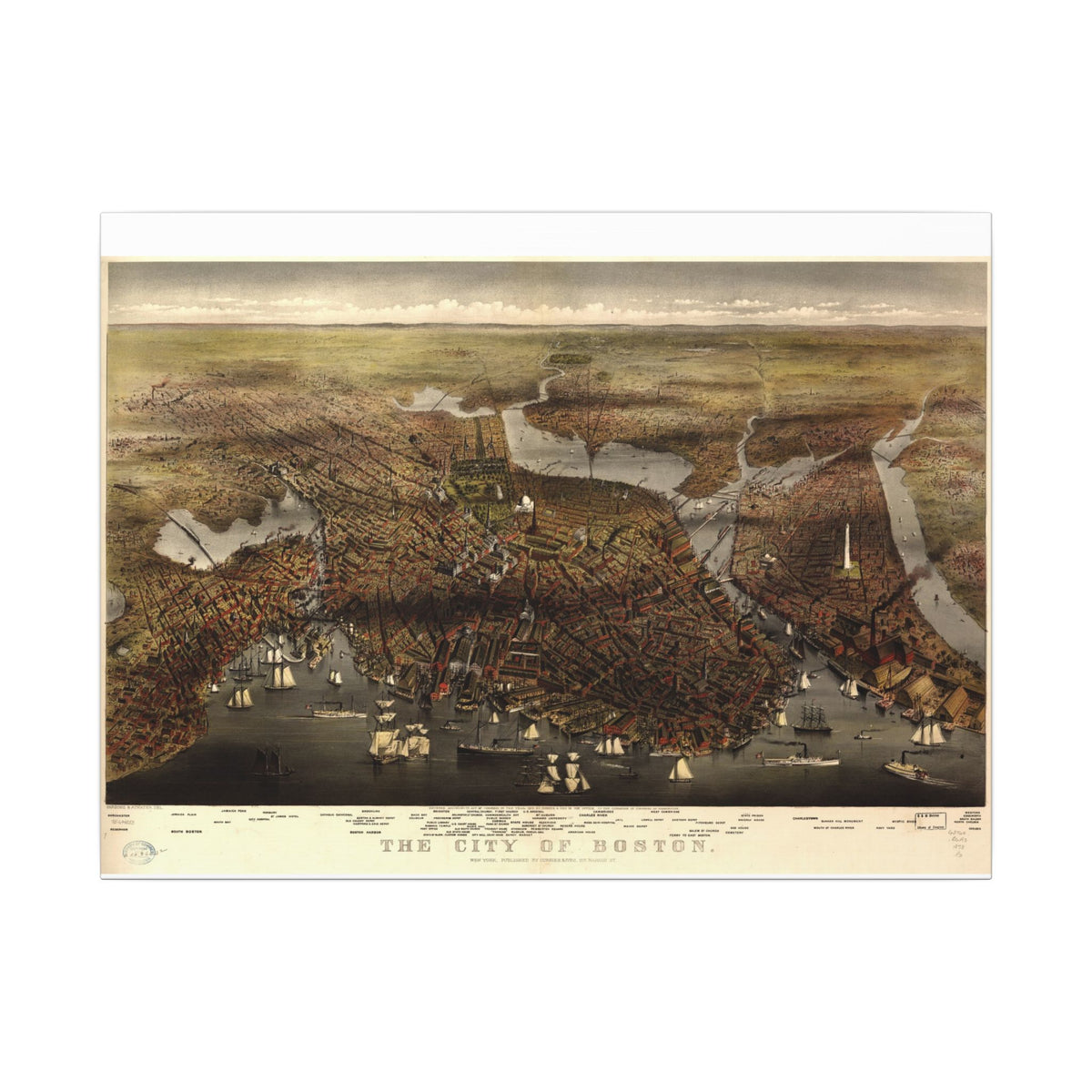Boston, Massachusetts 1873 — Bird's-Eye View Map on Canvas