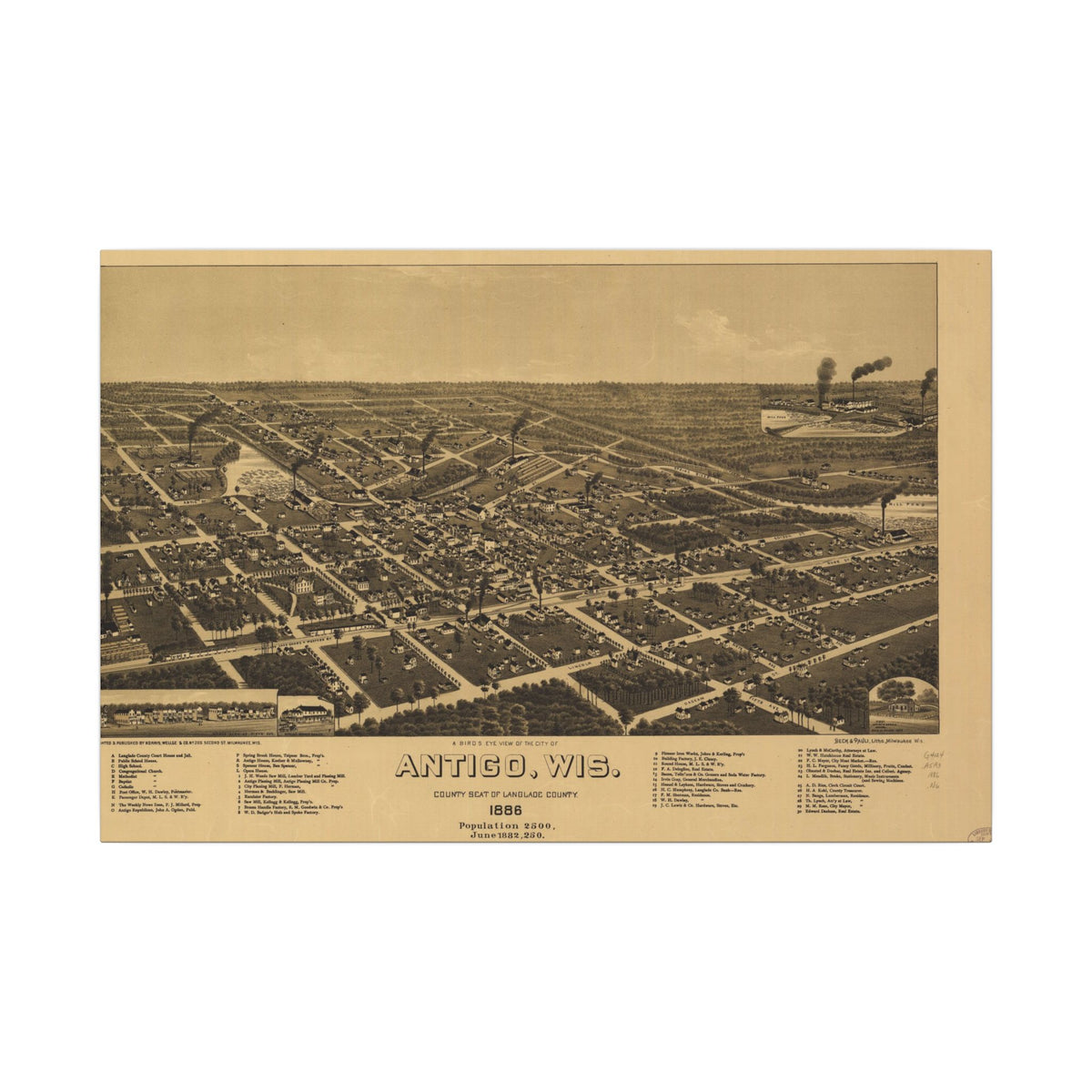 Antigo, Wisconsin 1886 — Bird's-Eye View Map on Canvas