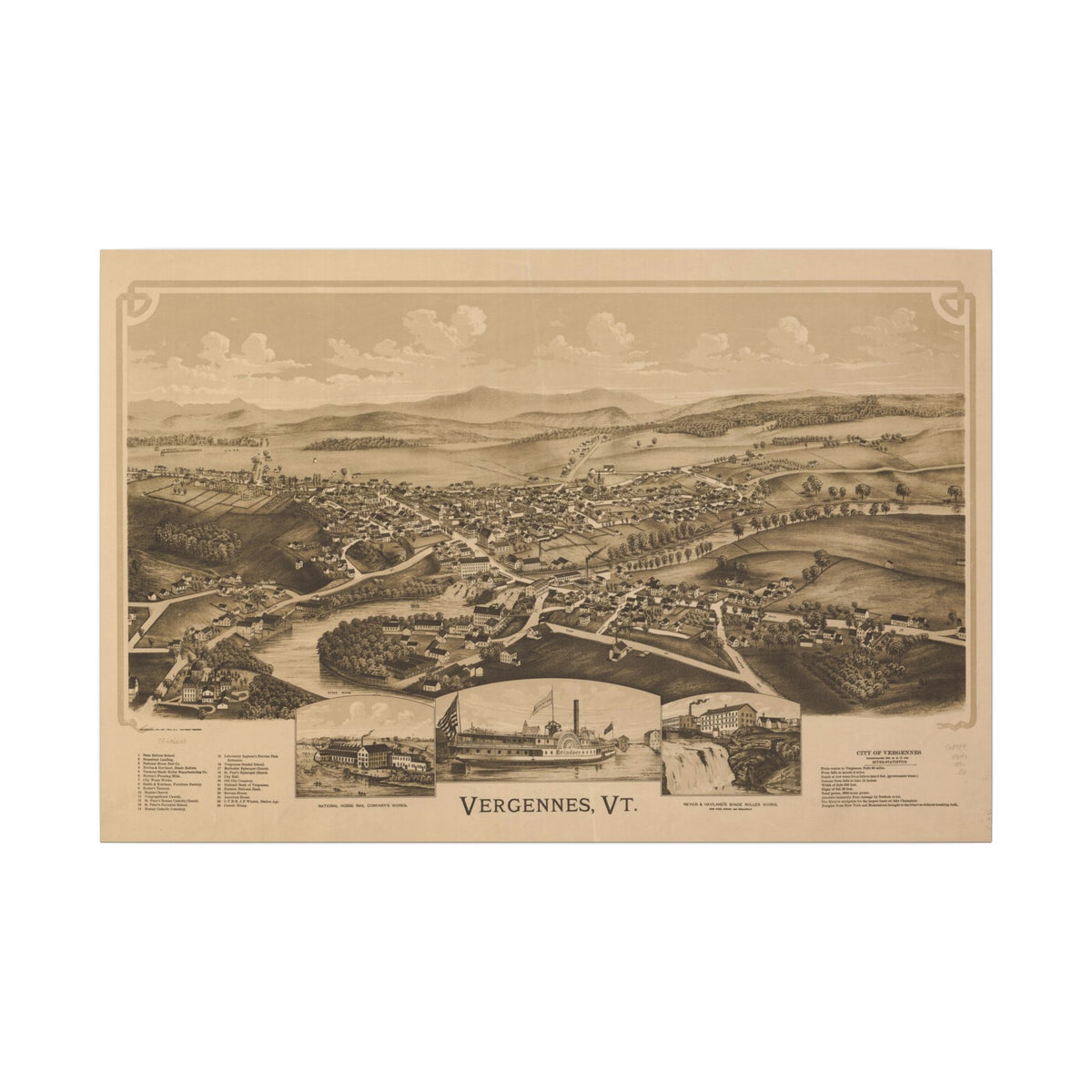 Vergennes, Vermont 1890 — Bird's-Eye View Map on Canvas