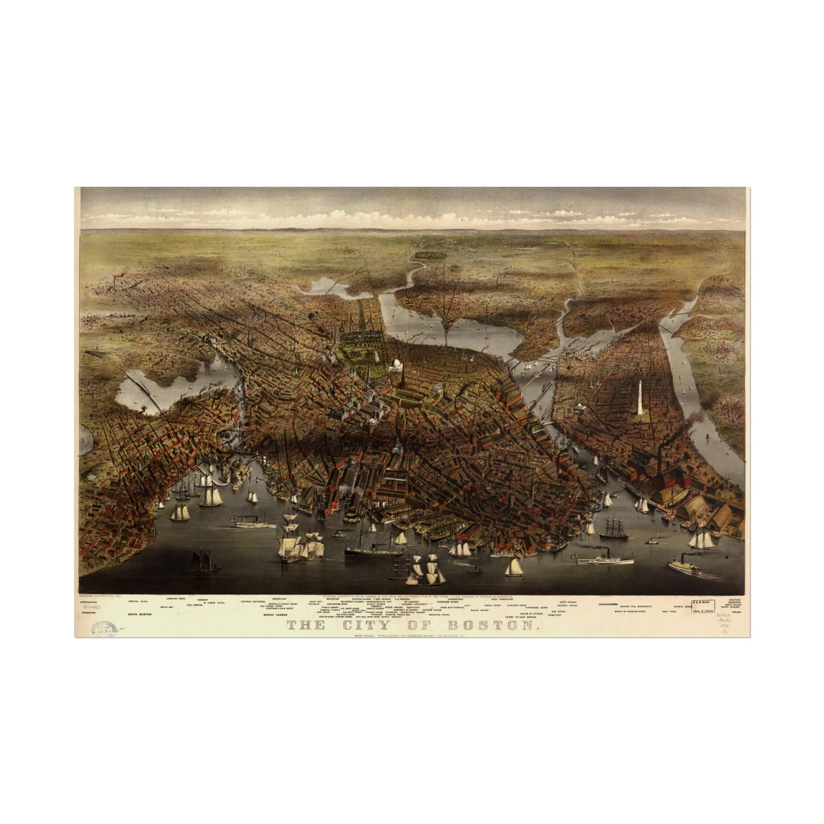 Boston, Massachusetts 1873 — Bird's-Eye View Map Print