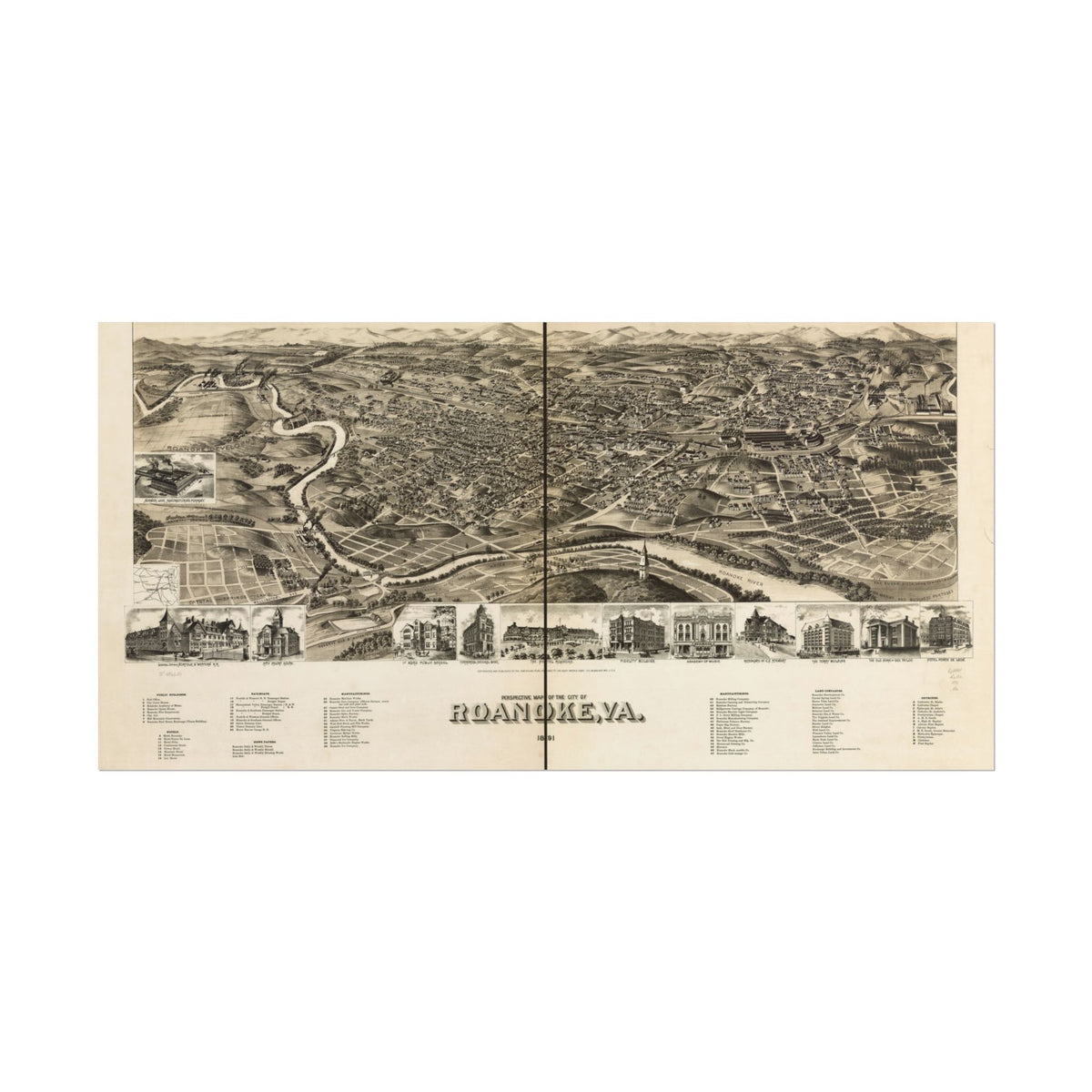 Roanoke, Virginia 1891 — Bird's-Eye View Map Print