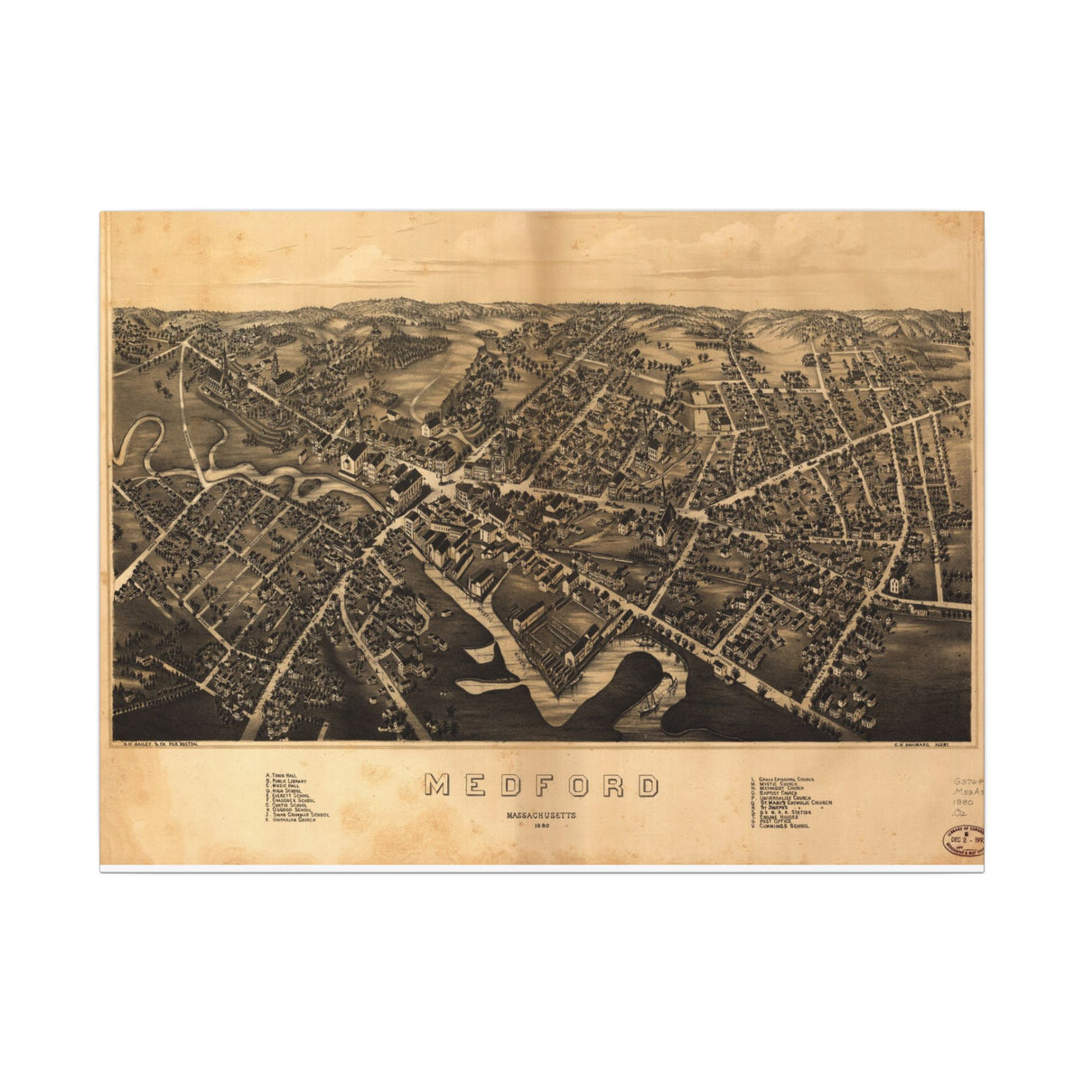 Medford, Massachusetts 1880 — Bird's-Eye View Map on Canvas