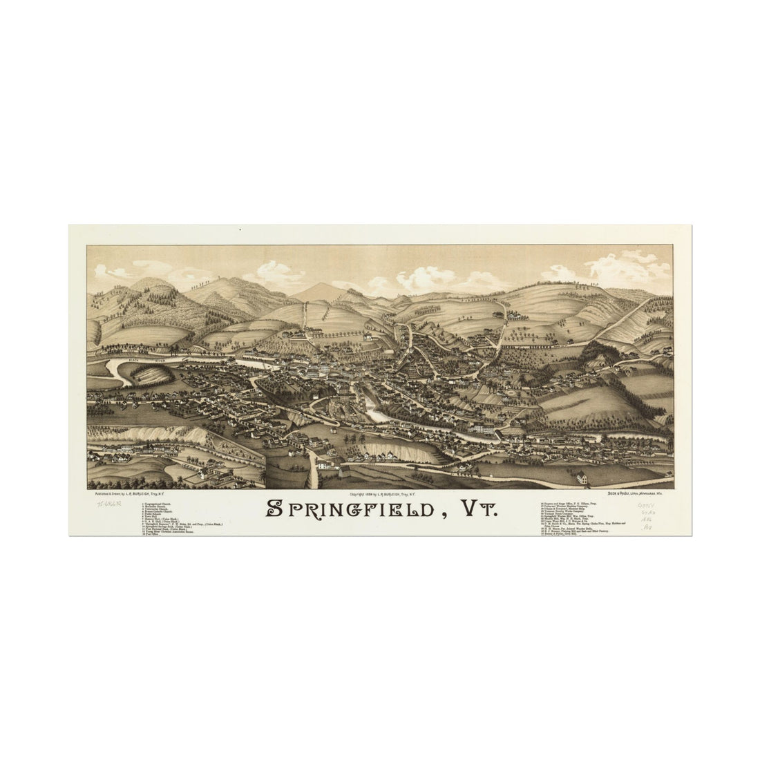 Springfield, Vermont 1886 — Bird's-Eye View Map Print