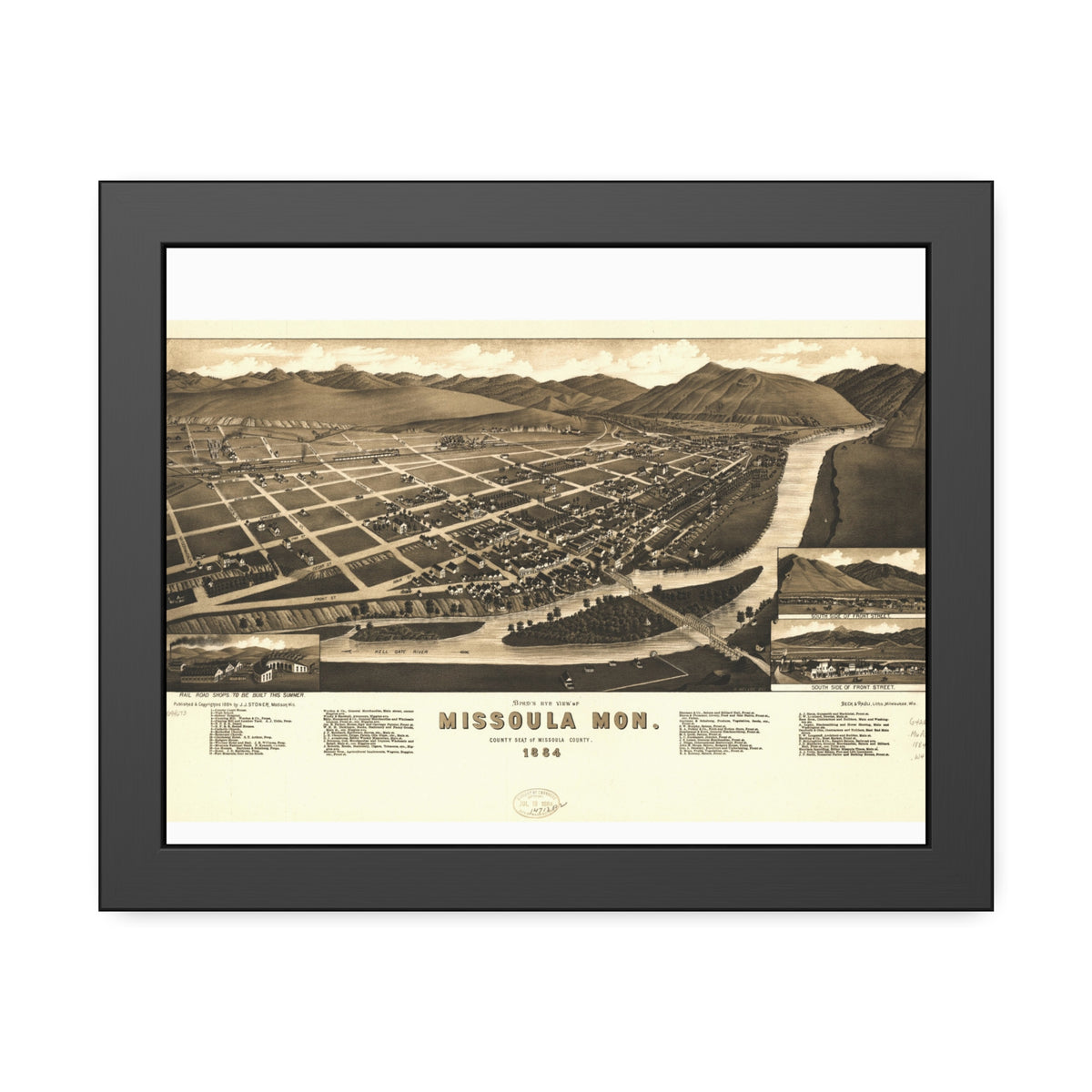 Missoula, Montana 1884 — Framed Bird's-Eye View Map