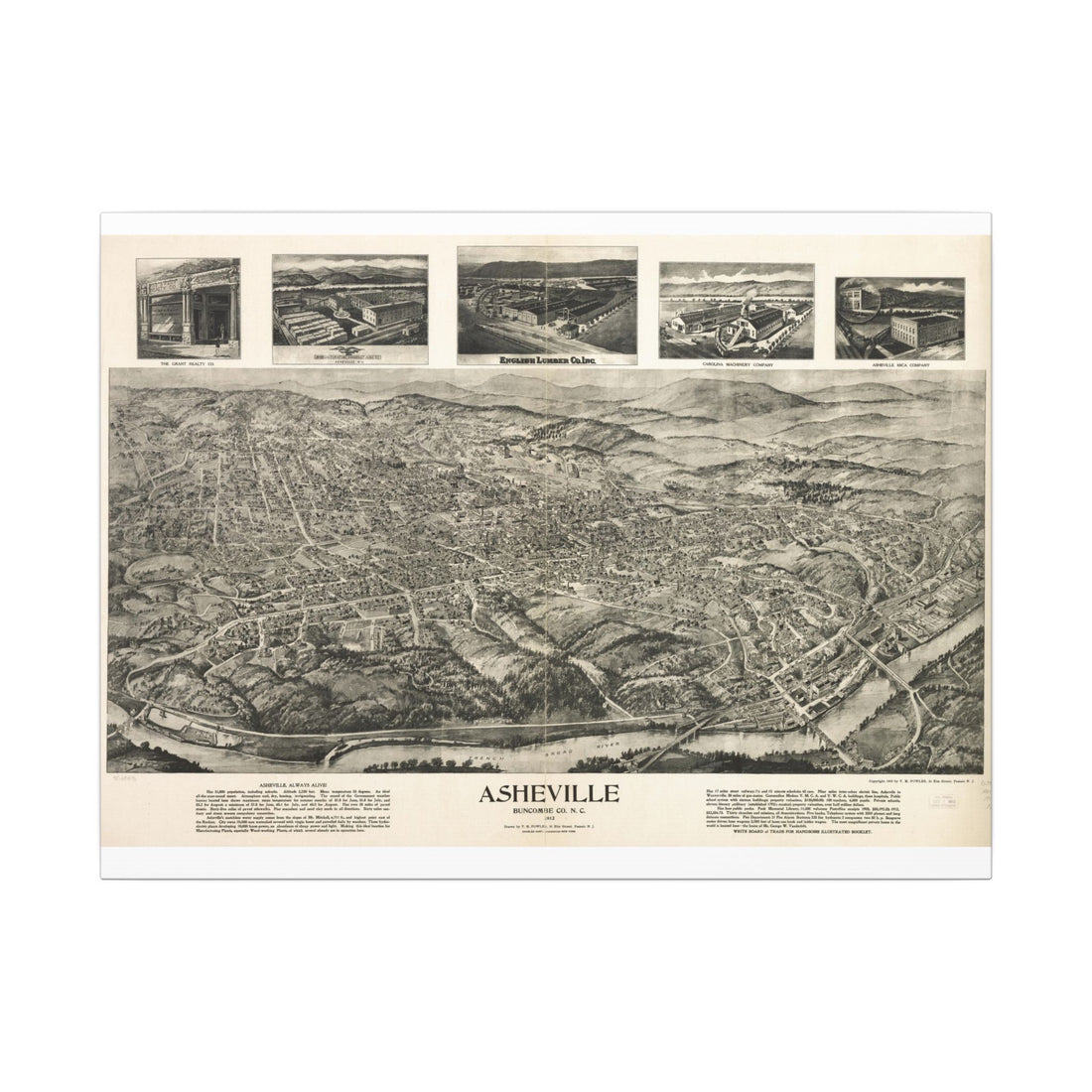 Asheville, North Carolina 1912 — Bird's-Eye View Map on Canvas