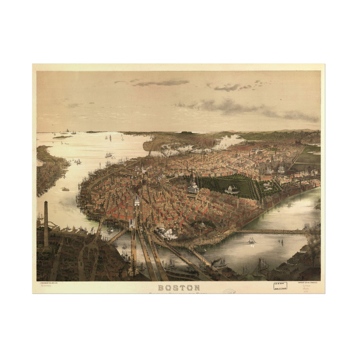 Boston, Massachusetts 1877 — Bird's-Eye View Map Print