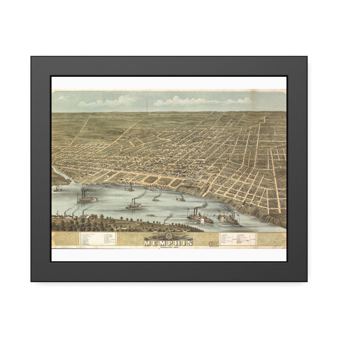 Memphis, Tennessee 1870 — Framed Bird's-Eye View Map