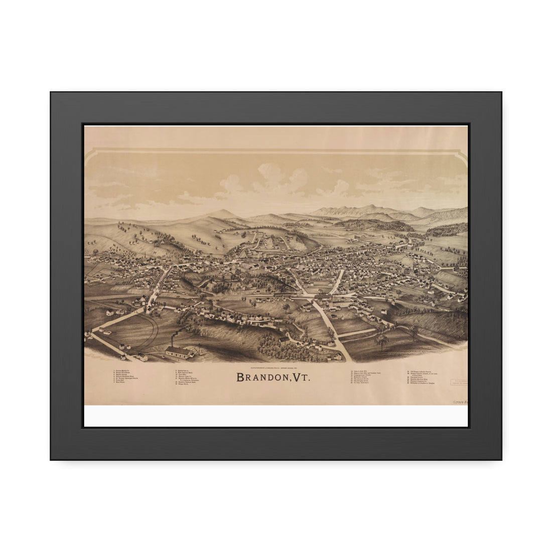Brandon, Vermont 1890 — Framed Bird's-Eye View Map