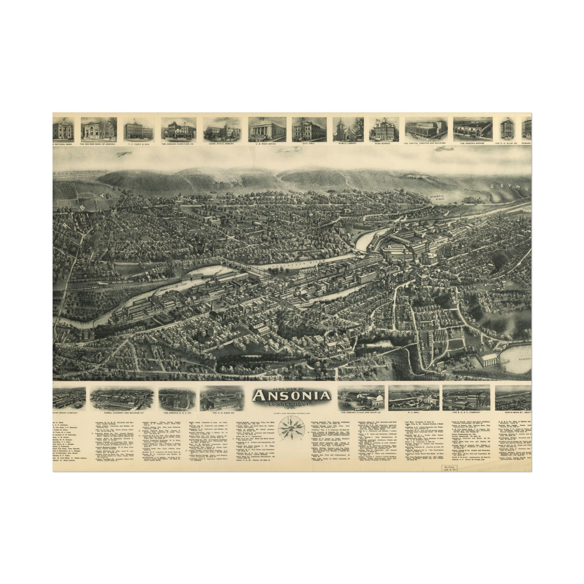 Ansonia, Connecticut 1921 — Bird's-Eye View Map Print