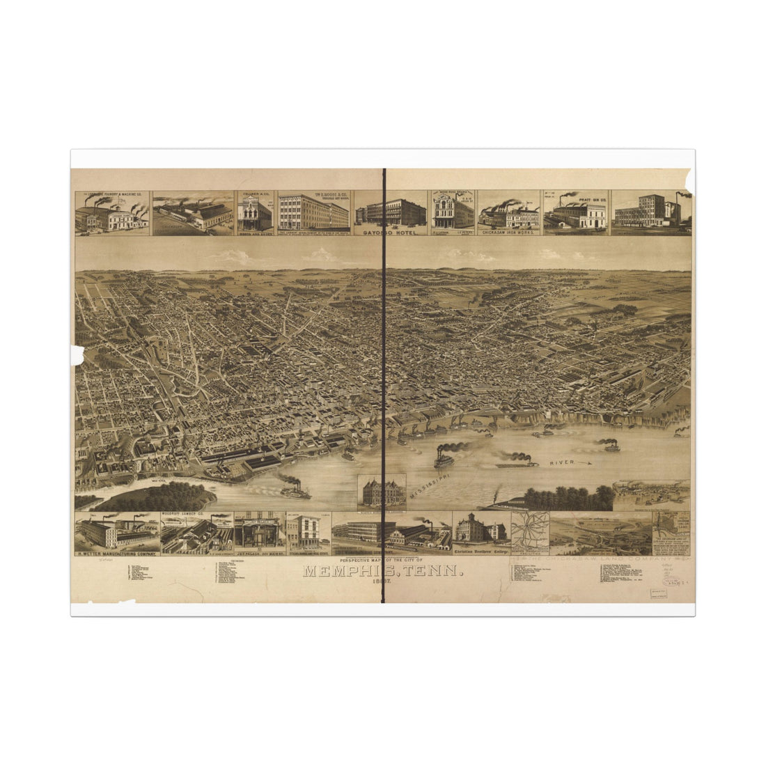 Memphis, Tennessee 1887 — Bird's-Eye View Map on Canvas