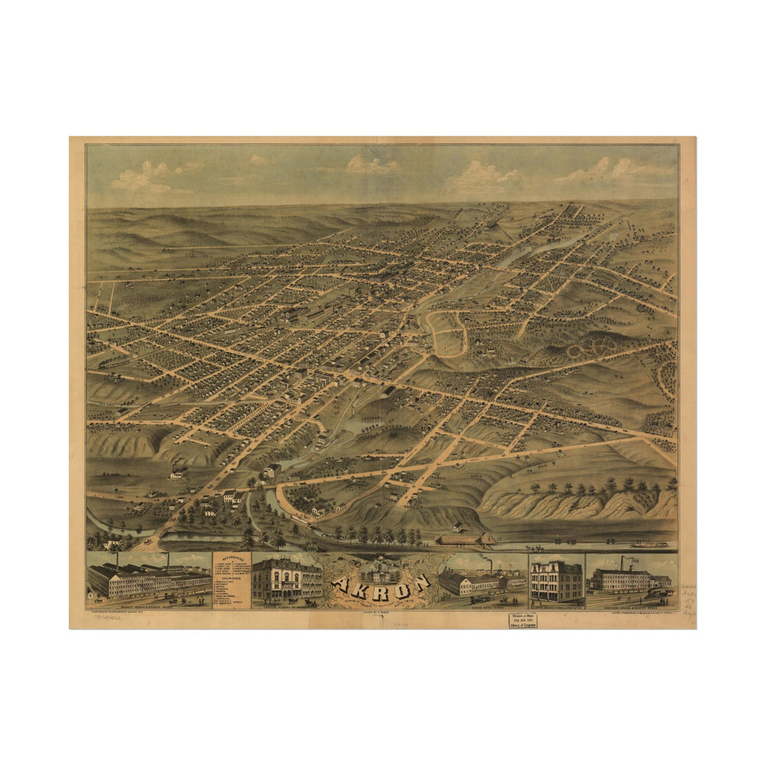 Akron, Ohio 1870 — Bird's-Eye View Map Print