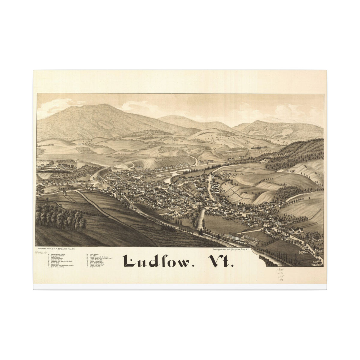 Ludlow, Vermont 1885 — Bird's-Eye View Map on Canvas