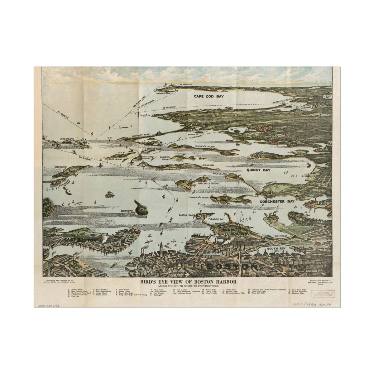 Boston Harbor, Massachusetts 1920 — Bird's-Eye View Map Print