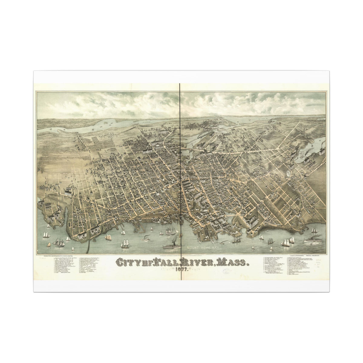 Fall River, Massachusetts 1877 — Bird's-Eye View Map on Canvas