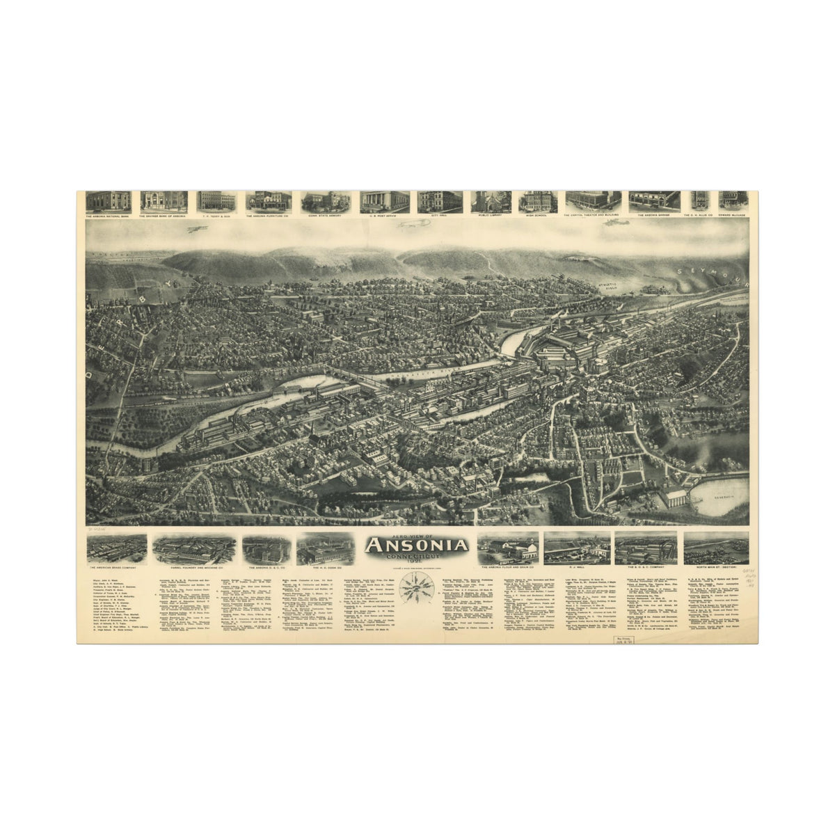 Ansonia, Connecticut 1921 — Bird's-Eye View Map on Canvas