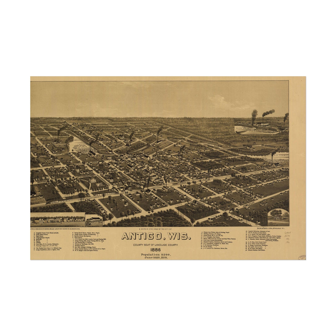Antigo, Wisconsin 1886 — Bird's-Eye View Map Print