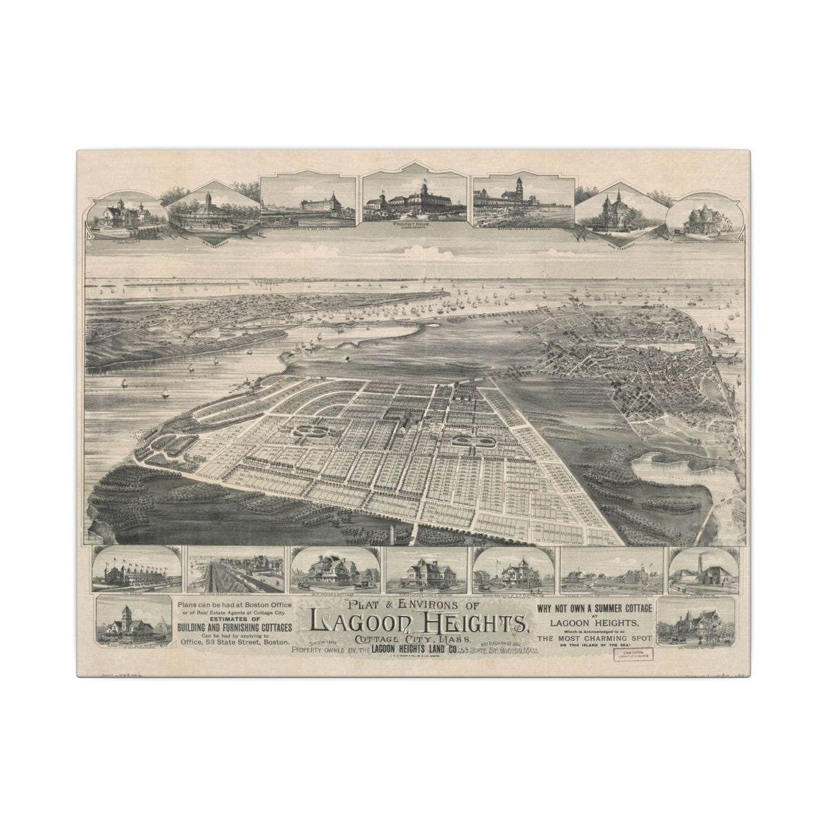 Lagoon Heights, Massachusetts 1880 — Bird's-Eye View Map on Canvas