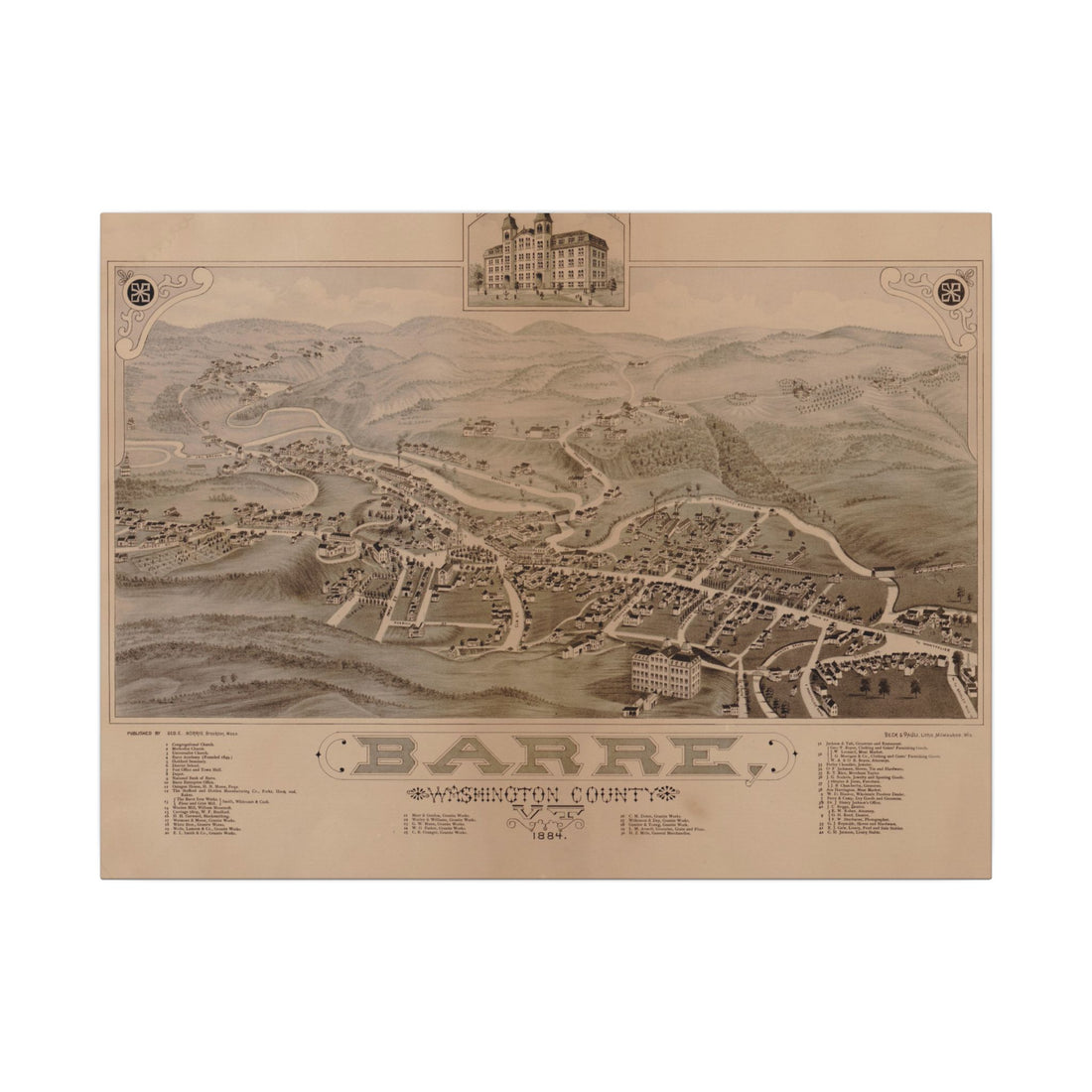 Barre, Vermont 1884 — Bird's-Eye View Map on Canvas