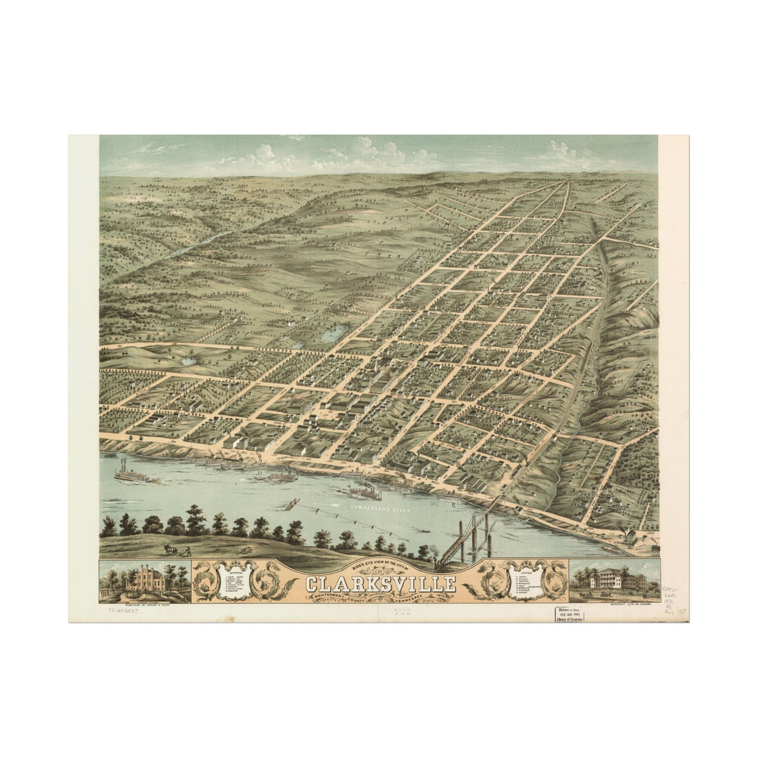 Clarksville, Tennessee 1870 — Bird's-Eye View Map Print