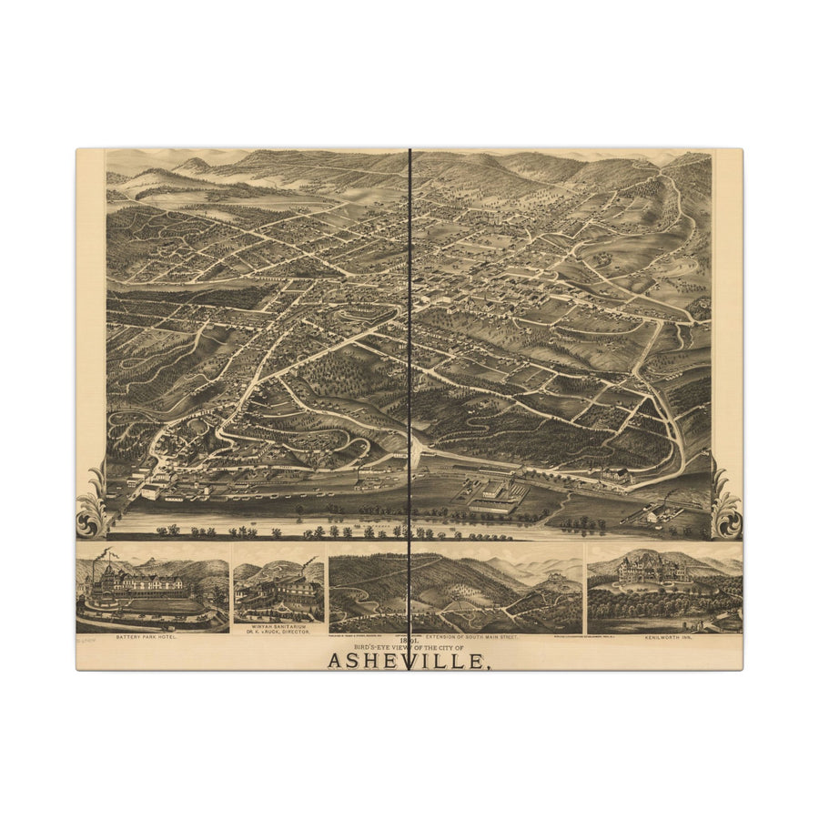 Asheville, North Carolina 1891 — Bird's-Eye View Map on Canvas