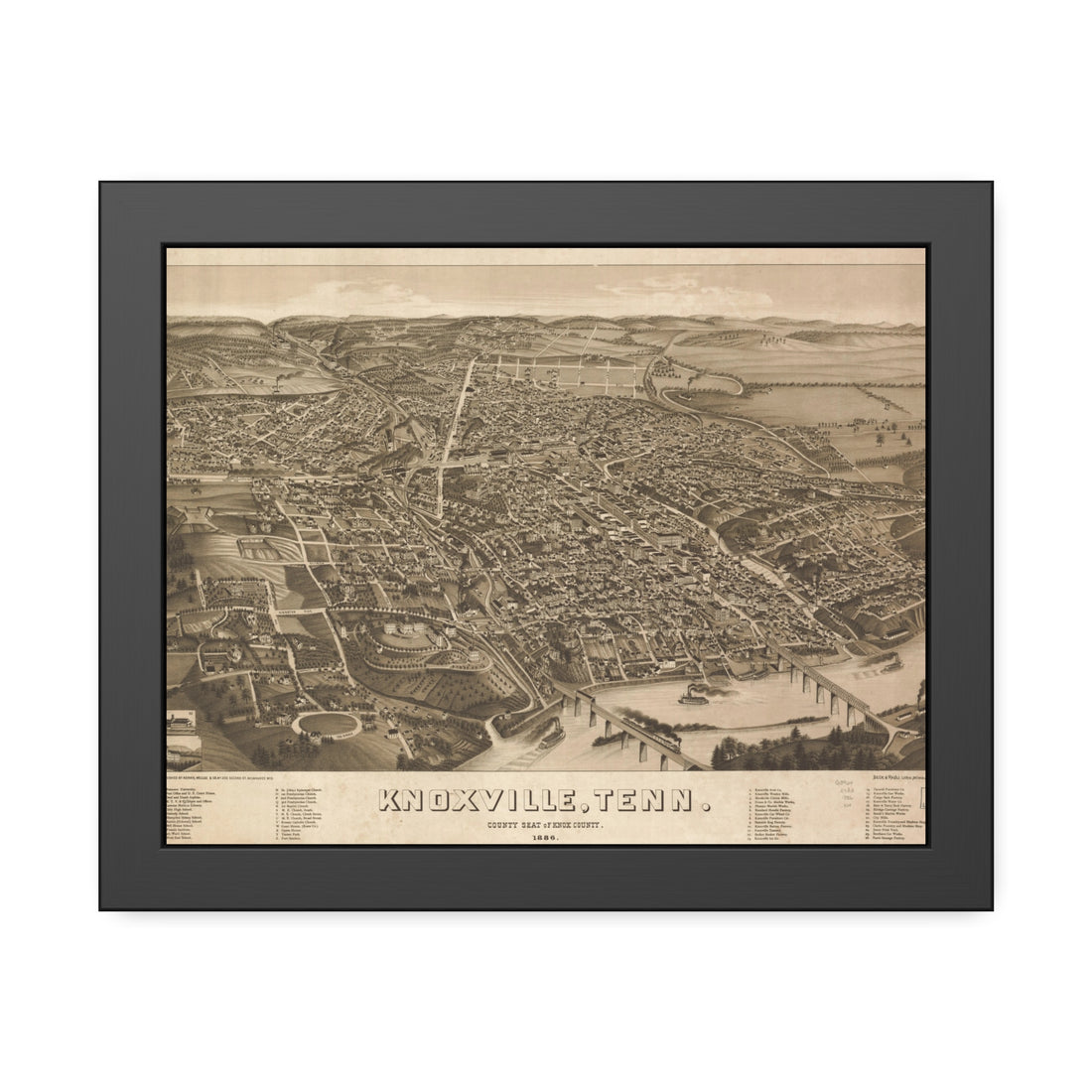 Knoxville, Tennessee 1886 — Framed Bird's-Eye View Map