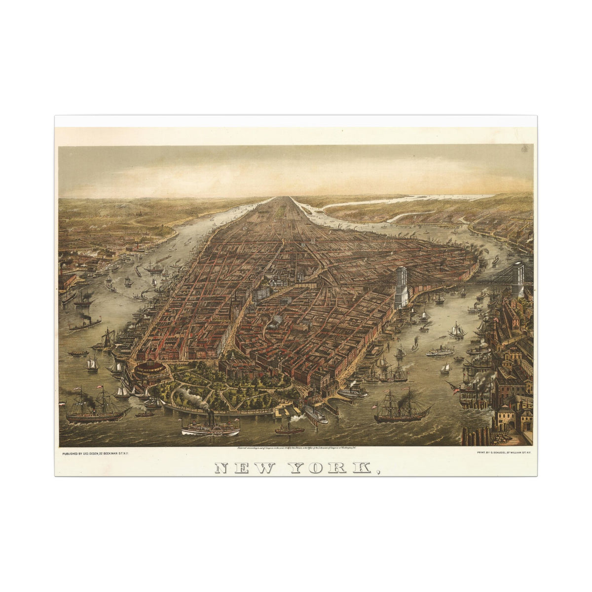 New York, New York 1873 — Bird's-Eye View Map on Canvas
