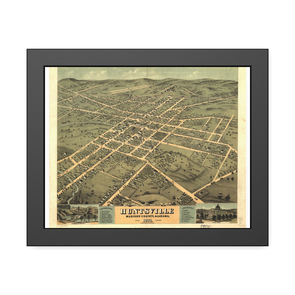 Huntsville, Alabama 1871 — Framed Bird's-Eye View Map