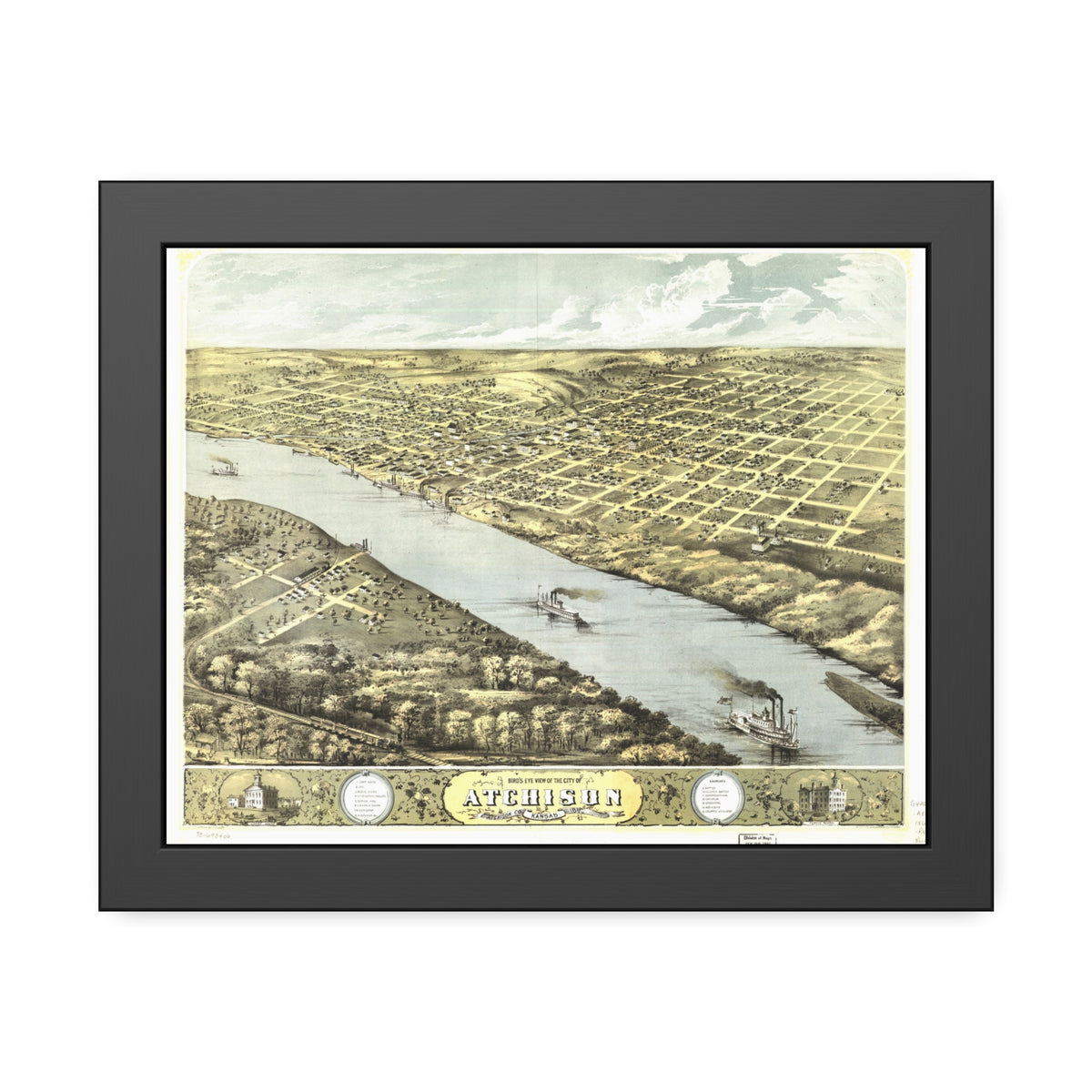 Atchison, Kansas 1869 — Framed Bird's-Eye View Map