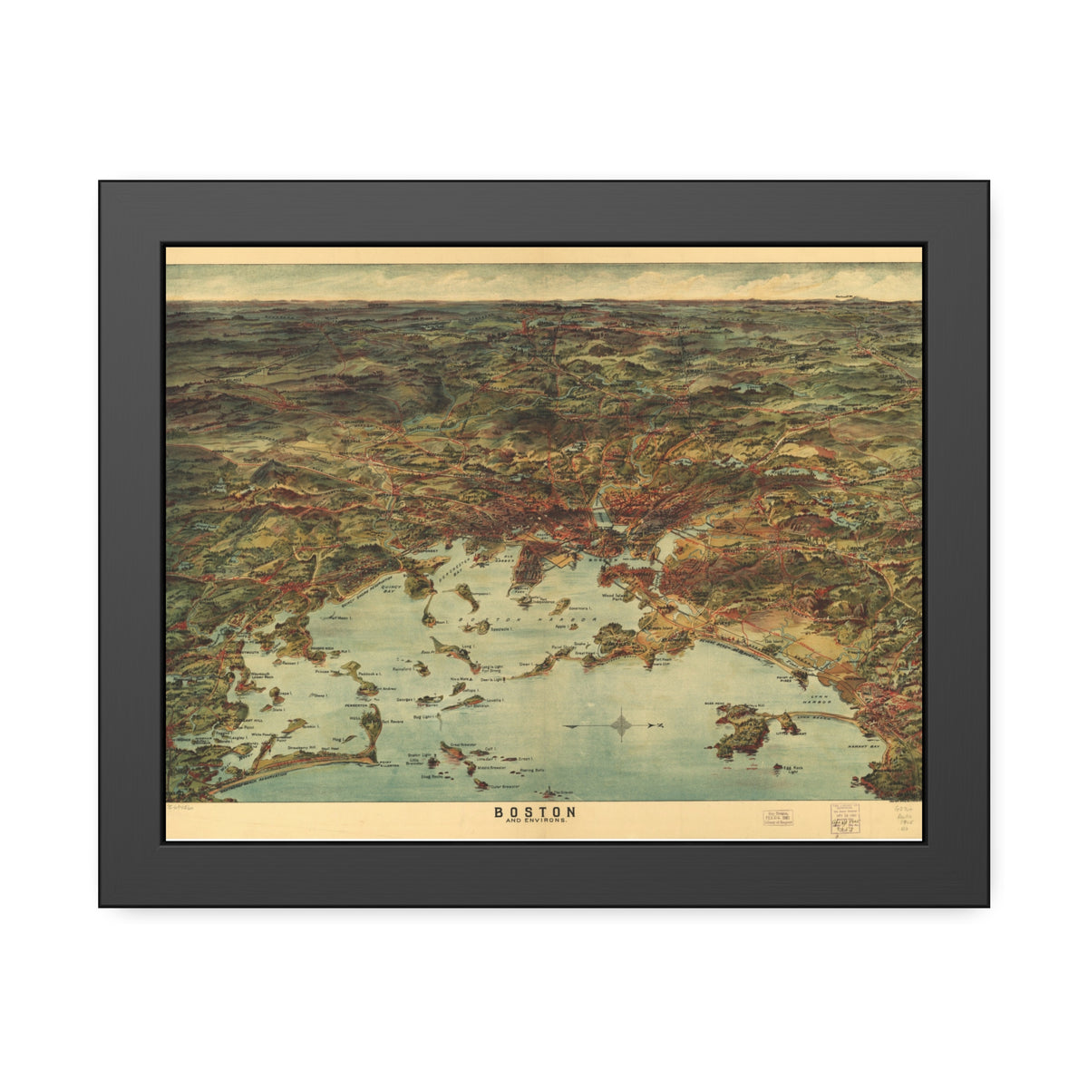 Boston, Massachusetts 1905 — Framed Bird's-Eye View Map