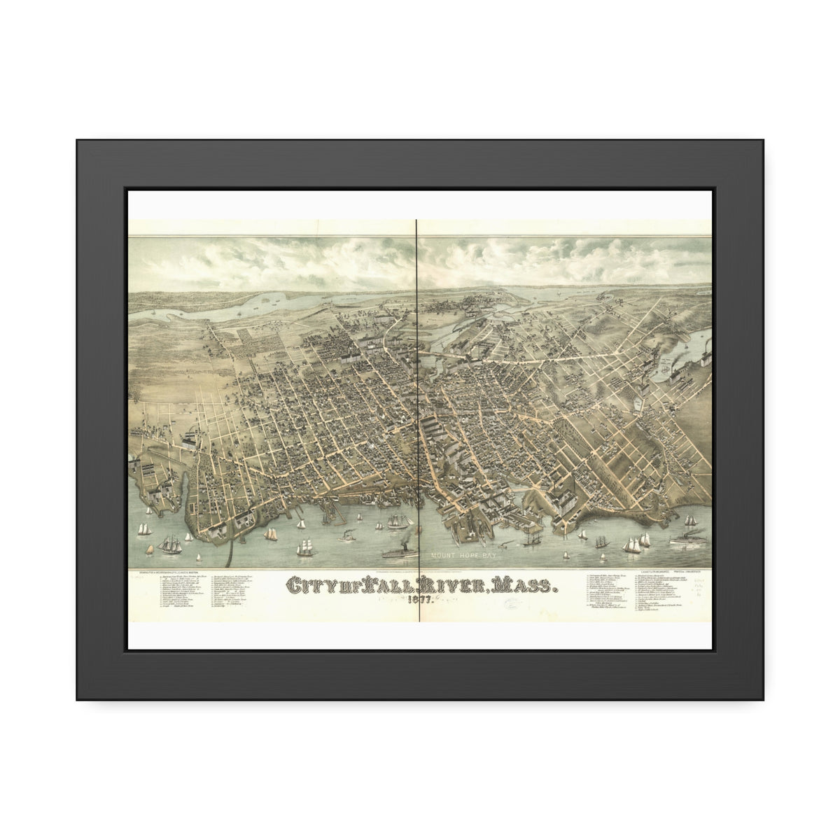 Fall River, Massachusetts 1877 — Framed Bird's-Eye View Map