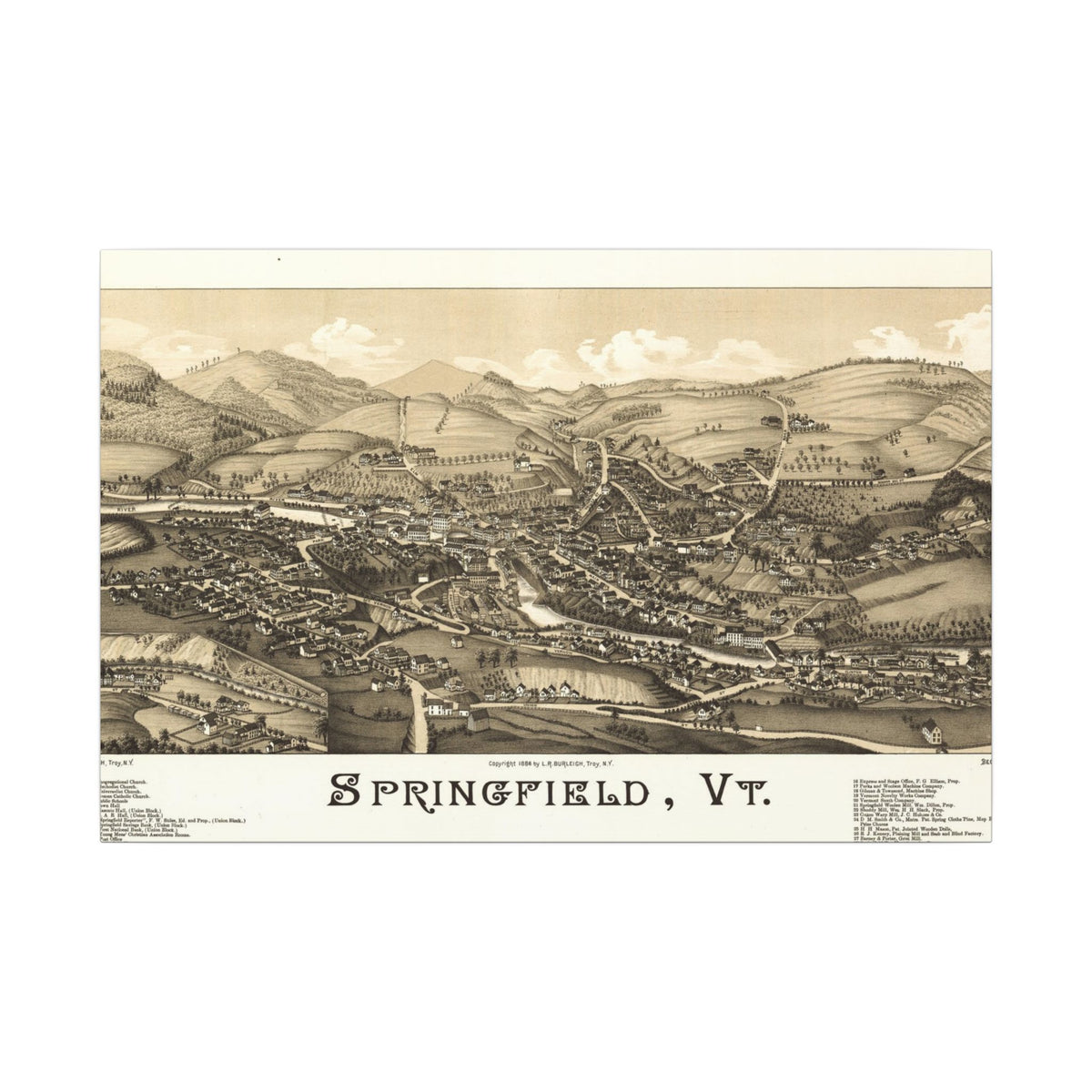Springfield, Vermont 1886 — Bird's-Eye View Map on Canvas