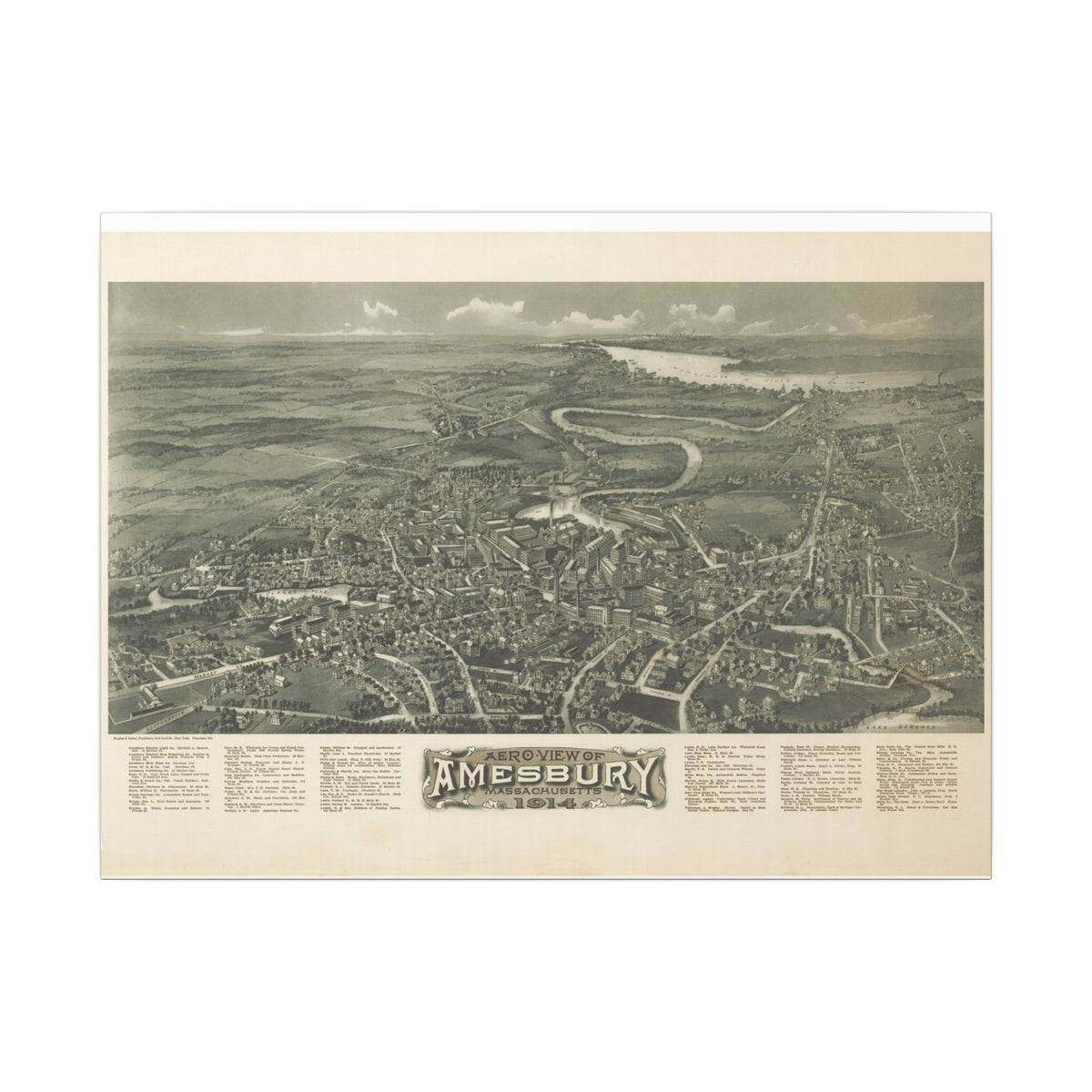 Amesbury, Massachusetts 1914 — Bird's-Eye View Map on Canvas
