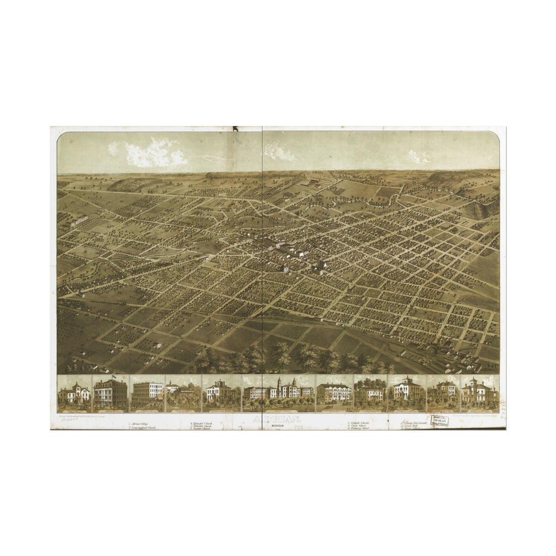 Adrian, Michigan 1866 — Bird's-Eye View Map Print