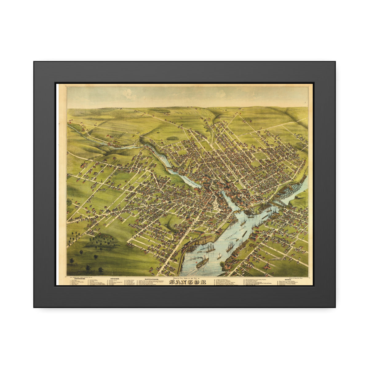 Bangor, Maine 1875 — Framed Bird's-Eye View Map