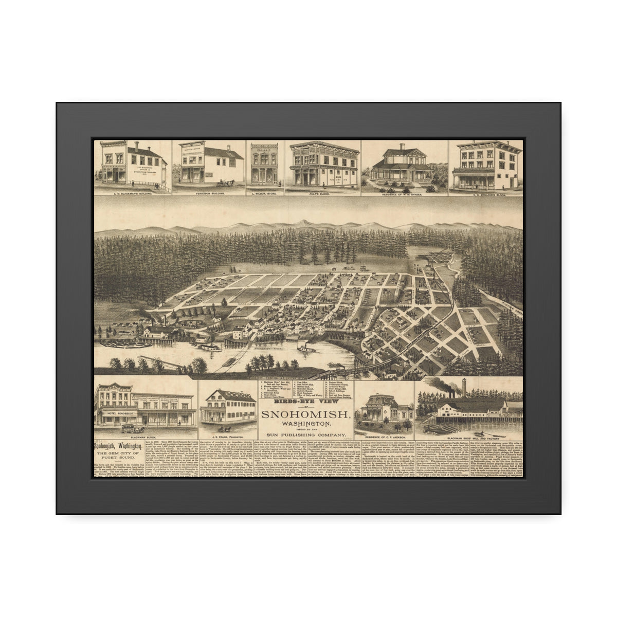 Snohomish, Washington 1890 — Framed Bird's-Eye View Map