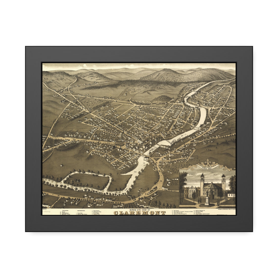 Claremont, New Hampshire 1877 — Framed Bird's-Eye View Map