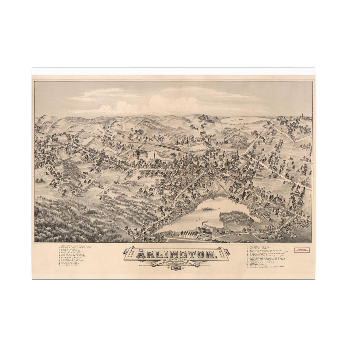 Arlington, Massachusetts 1884 — Bird's-Eye View Map on Canvas