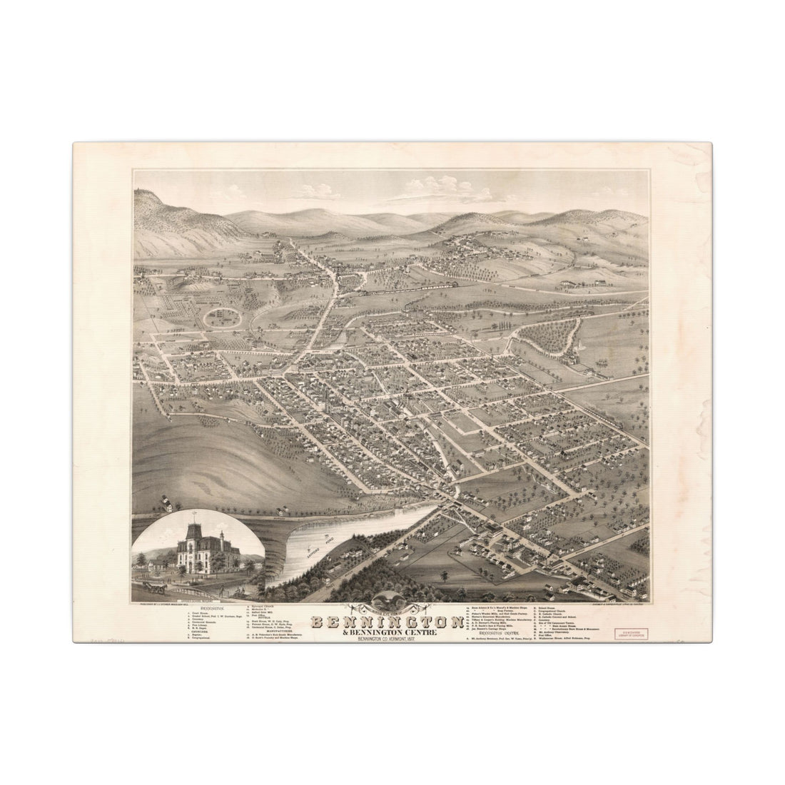 Bennington, Vermont 1877 — Bird's-Eye View Map on Canvas