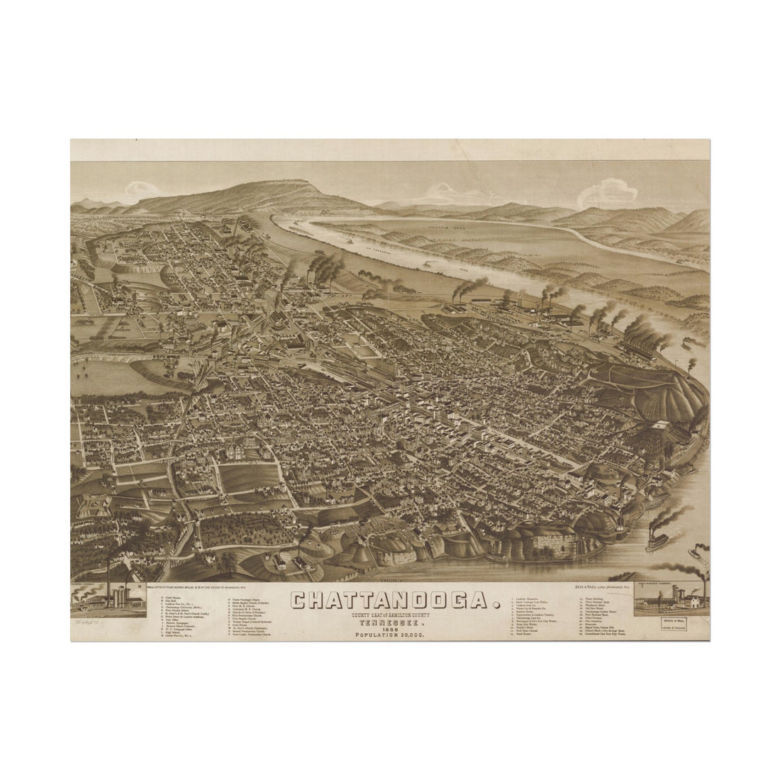 Chattanooga, Tennessee 1886 — Bird's-Eye View Map Print