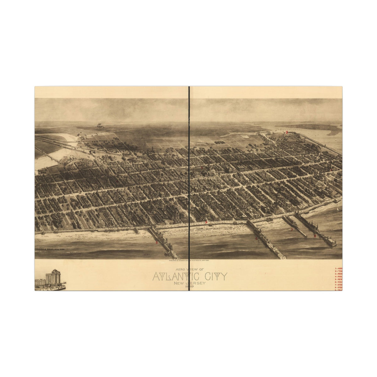 Atlantic City, New Jersey 1909 — Bird's-Eye View Map on Canvas
