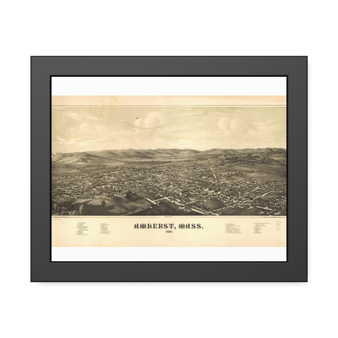Amherst, Massachusetts 1886 — Framed Bird's-Eye View Map
