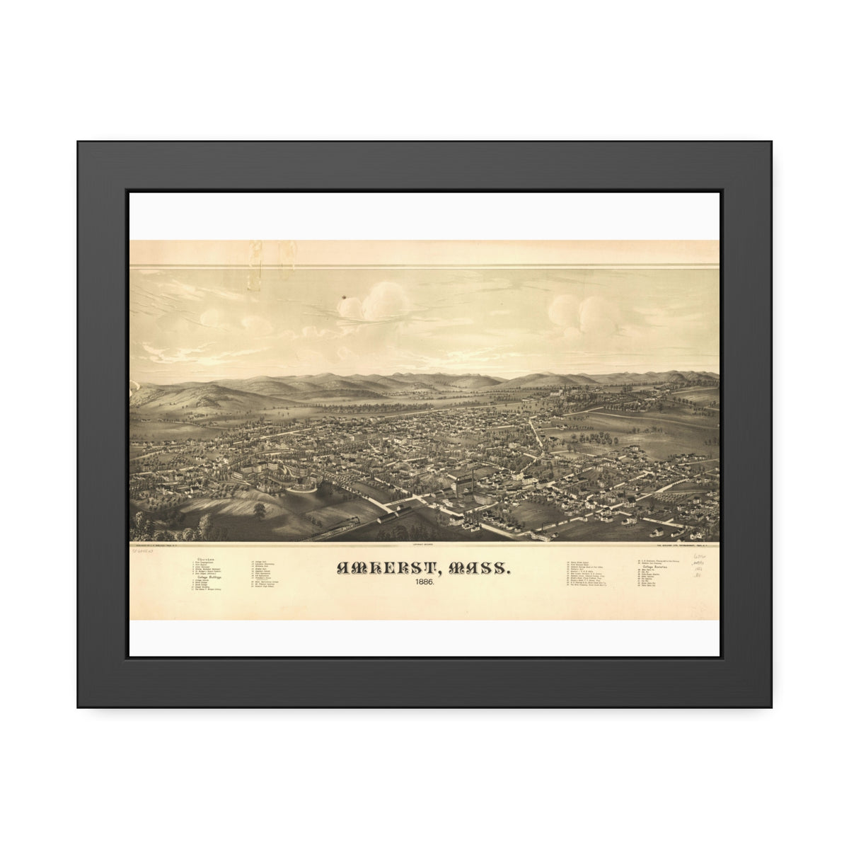 Amherst, Massachusetts 1886 — Framed Bird's-Eye View Map