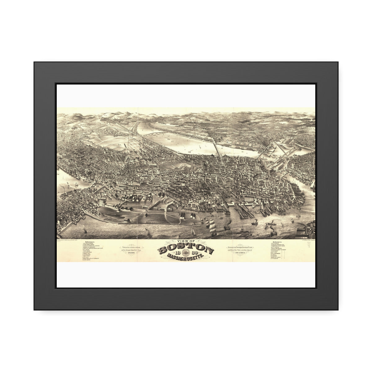 Boston, Massachusetts 1880 — Framed Bird's-Eye View Map