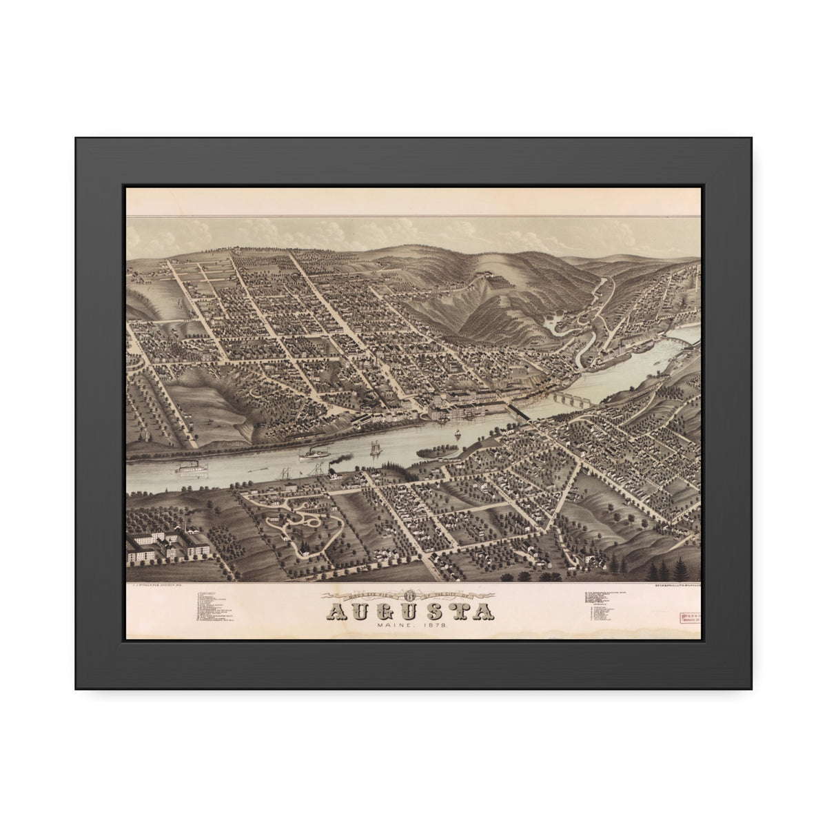 Augusta, Maine 1878 — Framed Bird's-Eye View Map