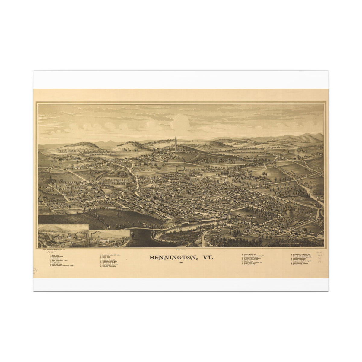 Bennington, Vermont 1887 — Bird's-Eye View Map on Canvas