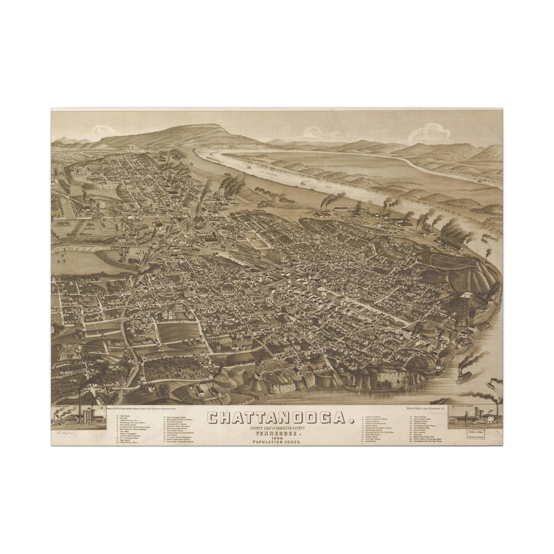 Chattanooga, Tennessee 1886 — Bird's-Eye View Map on Canvas