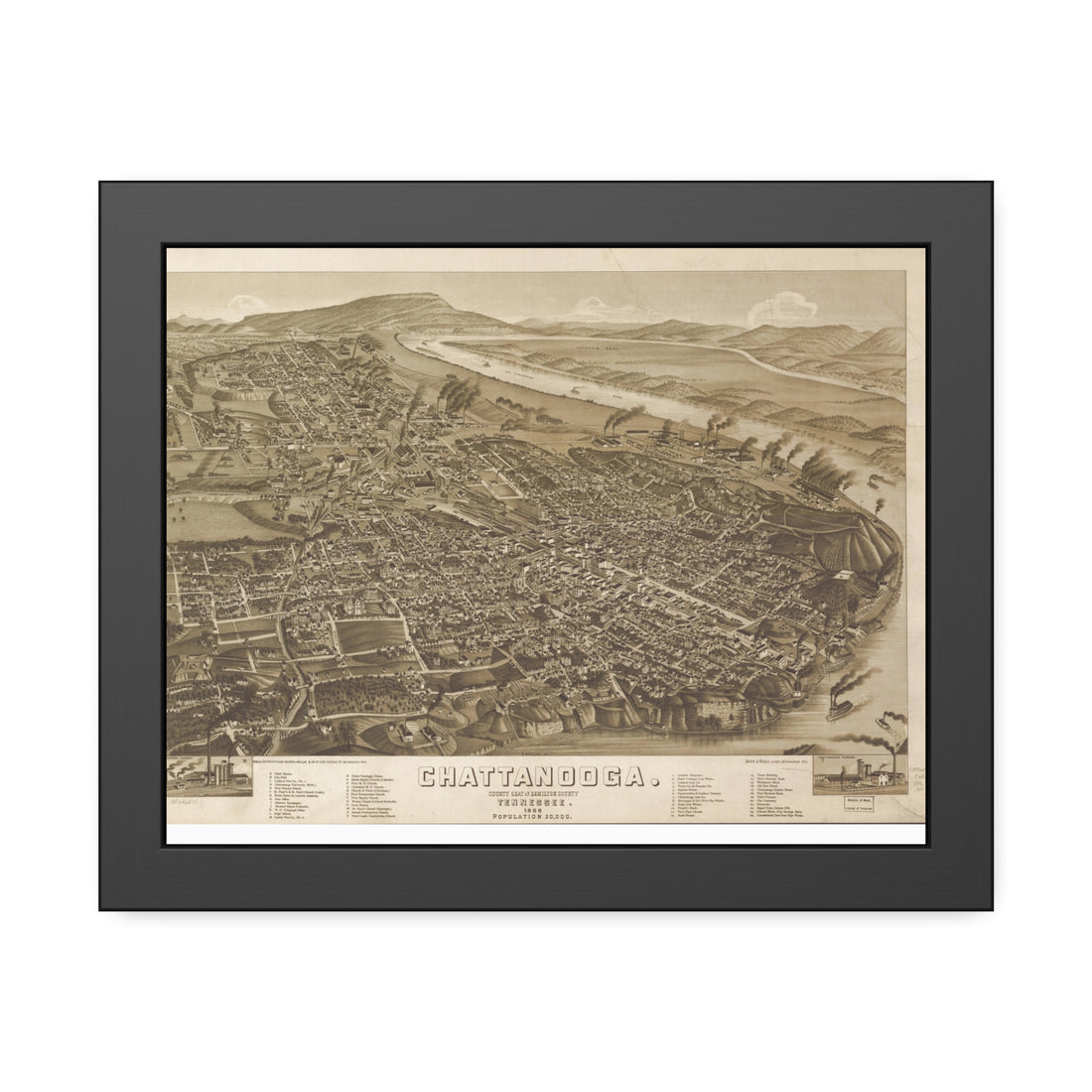 Chattanooga, Tennessee 1886 — Framed Bird's-Eye View Map